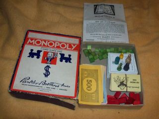 Vintage Monopoly Game W/ Wood Houses,  Hotels,  Pawns,  Cards,  Money - 1930 