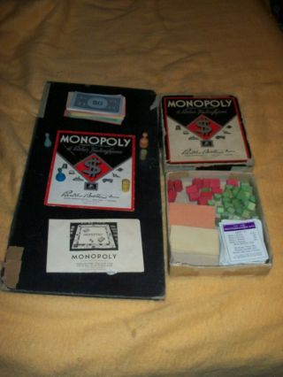 Vintage Monopoly Board Game W/ Wood Houses,  Hotels,  Pawns,  Cards,  Money 1930s