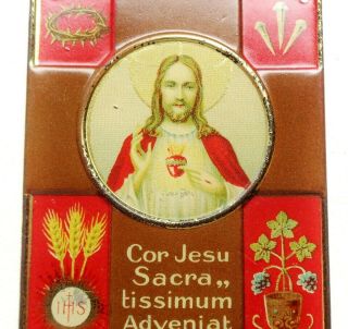 Gorgeous Vintage Home Protection Plaque Medal Reliquary Of Sacred Heart Of Jesus