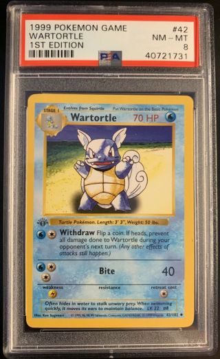 1999 Pokémon Wartortle Base Set 1st Edition Shadowless 42/102 Psa 8
