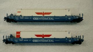 Athearn Ho Two (2) Husky Stack Well Cars 5876,  Csx Intermodal Csxt 61515 And