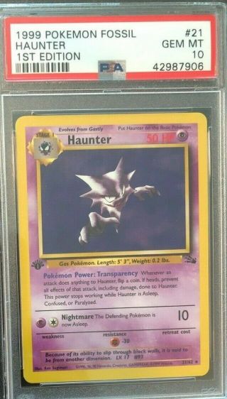 1999 Pokemon Fossil 21 Haunter Psa 10 Gem 1st Edition