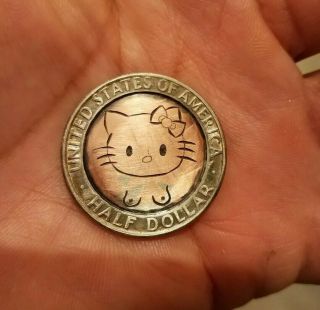 Hobo Nickel Hand Carved Engraved Half Dollar Coin Ohns Love Token Mature Kitty