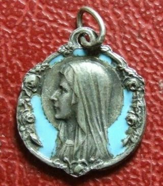 Antique Christian St.  Mary Our Lady Of The Lourdes Silver Blue Enamel Medal