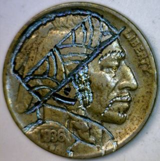 1936 Hobo Buffalo Nickel Coin Hand Carved W/ Cool Blue Tone