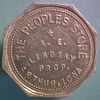 Arthur,  Iowa - Good For Token - 10c - The Peoples Store - A.  E.  Lindsay (prop)