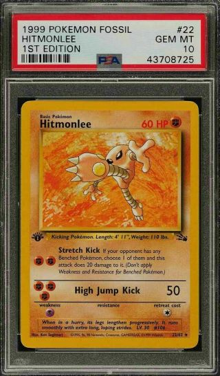 1999 Pokemon Fossil 22 Hitmonlee Psa 10 Gem 1st Edition