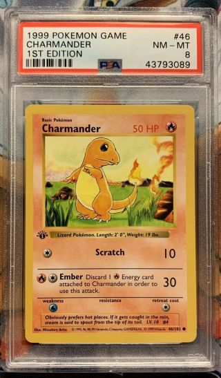 1999 Pokémon Charmander 1st Edition Shadowless Base Set Psa 8 Nm/mt