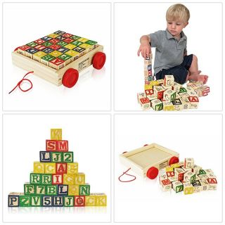 Alphabet Blocks Wooden Vintage Toddlers Learning Toys Wood Block Letters W/wagon