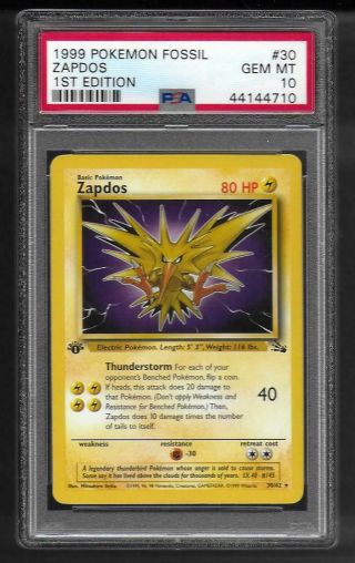 1999 Pokemon Fossil Zapdos 1st Edition Psa 10 Gem Card 30