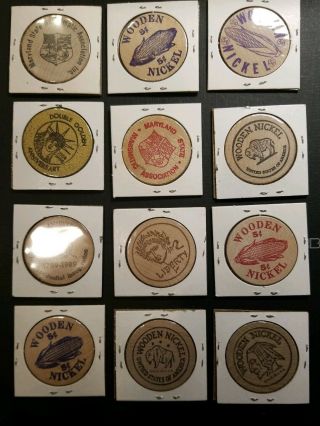 12 Wooden Nickels Vintage Numismatic From Various Locations