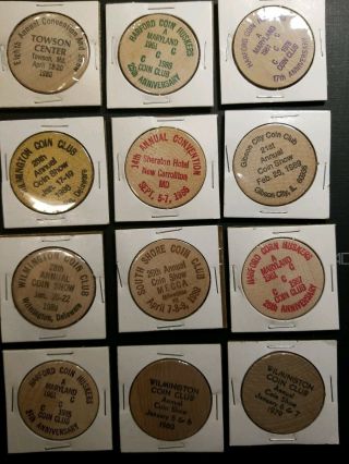 12 Wooden Nickels Vintage Numismatic From Various Locations 2
