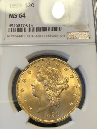 1899 $20 Gold Double Eagle Ngc Graded Ms - 64.  High End For Grade.