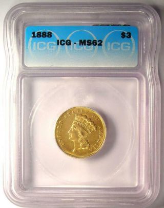 1888 Three Dollar Indian Gold Coin $3 - Certified ICG MS62 (UNC) - $3,  440 Value 2