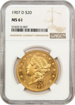 1907 - D $20 Ngc Ms61 - Liberty Double Eagle - Gold Coin