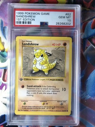 1999 Base Set Pokemon Card Psa 10 1st Edition Shadowless Sandshrew 62/102