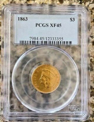 1863 $3 Gold Three Dollar Peice Pcgs Xf45