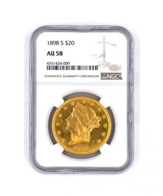1898 - S $20 Liberty Head Double Eagle 90 Gold Us Collector Coin Ngc Au58 Graded