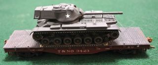 Ho 1/87 Scale Model Train Flat Car With M - 47 Patton Army Tank Load Custom Built