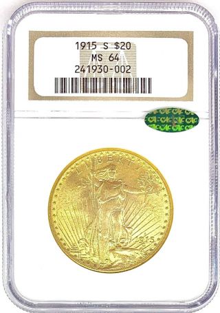 1915 - S $20 American Gold Double Eagle Saint Gaudens Ms64 Ngc Certified Cac Coin