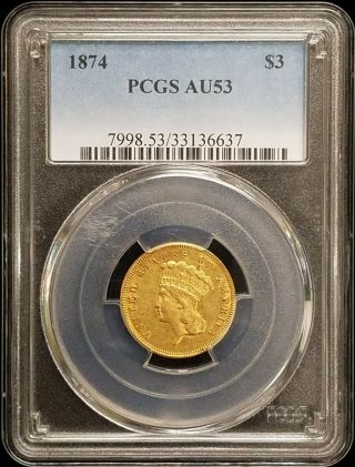 1874 Indian Princess $3 Three Dollar Gold Coin Pcgs Au53