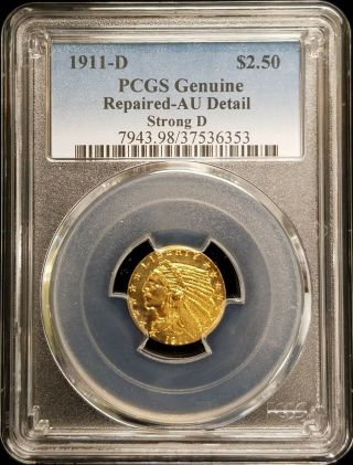 1911 - D $2.  50 Indian Head Gold Coin Quarter Eagle (strong D) Ngc Au Details