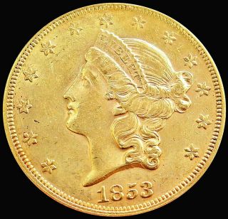 1853 Gold Usa $20 Liberty Head Double Eagle Coin Philadelphia Au - Unc