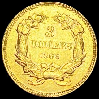 1863 $3 Gold Three Dollar Piece LOOKS UNCIRCULATED Shiny Collectible Coin no res 2