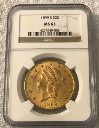 1899 - S Liberty Head $20 Gold Coin Ngc Ms63