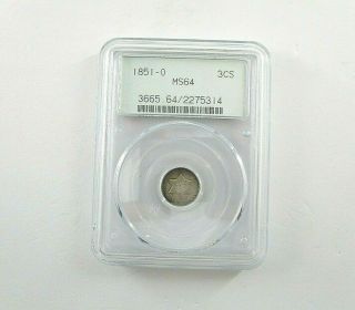 1851 - O United States 3¢ Three Cent Silver Coin Pcgs Ms64 Orleans Slab