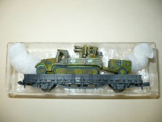 Ww2 Wehrmacht - Camouflaged Gondola Car Carrying Truck W/ Flak Gun - N Scale
