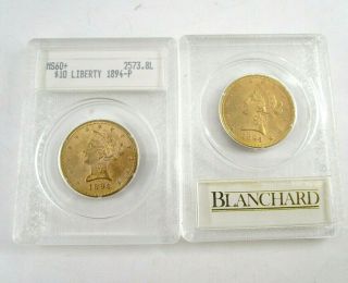 2 United States 1894 $10 Dollar Gold Liberty Head Eagle Coins In Plastic Slabs
