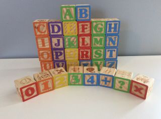 34 Wooden Numbers Alphabet Blocks Letter Wood Baby Learning Vintage Abc Kids