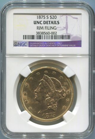 1875 S $20 Dollar Gold Liberty,  Ngc Unc Details