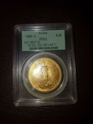 1908 - D Pcgs Ms62 $20 Gold St Gaudens Double Eagle No Motto