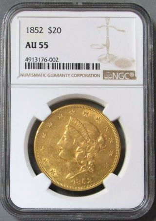 1852 Gold Usa $20 Liberty Head Type 1 Double Eagle Coin Ngc Au 55