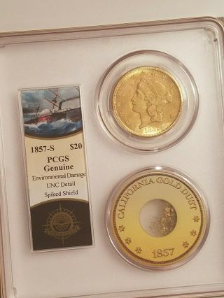 1857 S Liberty $20 Gold Pcgs Unc Details S.  S.  Central America Shipwreck W Pinch