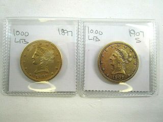 1897 & 1907 United States $10 Dollar Liberty Head Gold Eagle Coins Very Fine - Xf