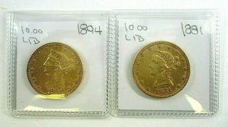 1881 & 1894 U.  S.  $10 Dollar Gold Liberty Head Eagle Coins Very Fine - Extra Fine