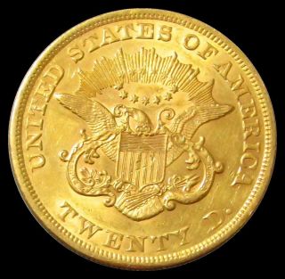 1857 GOLD USA $20 LIBERTY HEAD TYPE 1 DOUBLE EAGLE COIN AU DETAILS 2