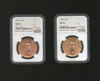 (2) Saint Gaudens $20 Gold Double Eagle Coins Ms 63 Ngc 1926 And 1923