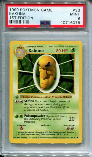 Kakuna 33/102 Grey Stamp Pokemon Card 1st Edition Shadowless Base Set - Psa 9