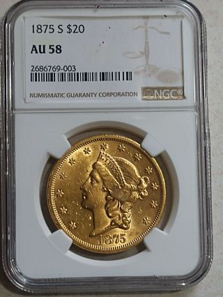1875 S $20 Liberty Gold Double Eagle Coin,  Ngc Au 58,  Good Luster,