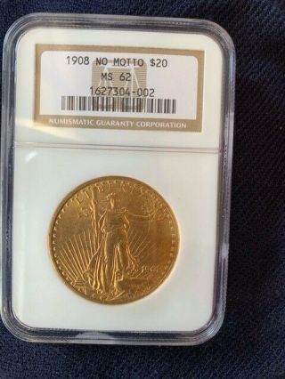 1908 - $20 Saint Gaudens No Motto Ngc Ms62 Certified Coin