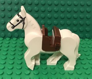 Lego White Horse Animal With Moveable Back Legs And Reddish Brown Saddle Part