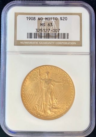 1908 No Motto $20 American Gold Eagle Saint Gaudens Ms63 Ngc Og Slab Coin
