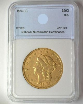 1874 - CC LIBERTY HEAD $20 GOLD CHOICE ABOUT UNCIRCULATED SCARCE 2