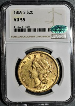 1869 - S $20 Liberty Head Gold Double Eagle Coin,  Ngc & Cac Au58,  Eq56