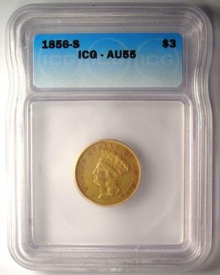 1856 - S Three Dollar Indian Gold Coin $3 - Certified ICG AU55 - $3,  690 Value 2