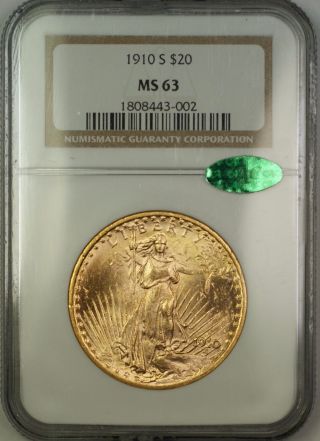 1910 - S $20 St.  Saint Gaudens Double Eagle Gold Coin Ngc Cac Ms - 63 Choice Bu